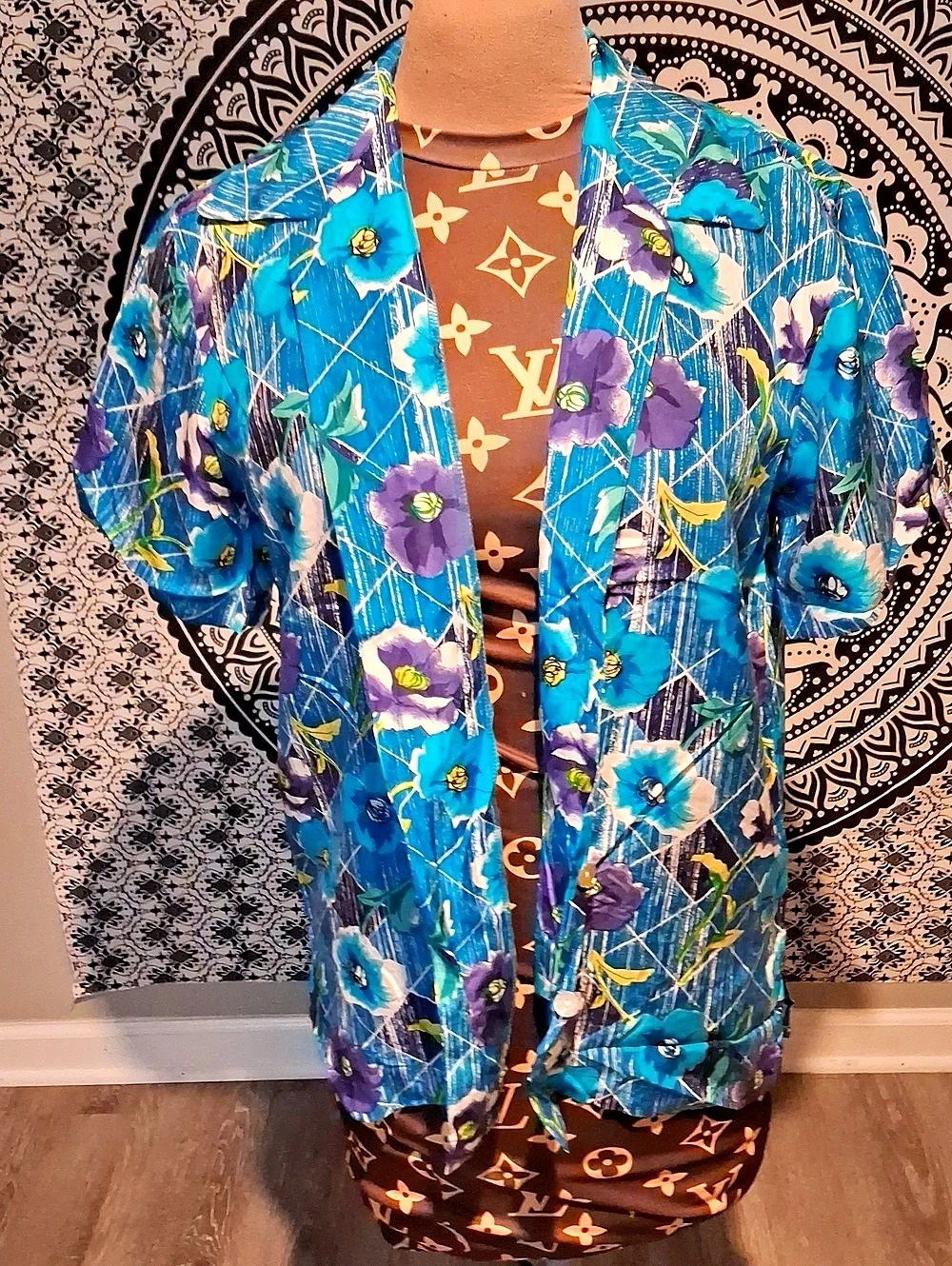 STUDIO L.P. Floral Silk Blazer in Blue & Purple Size Medium